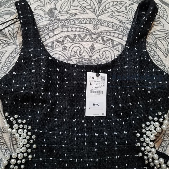 NWT ZARA SHORT STRAPPY TEXTURED DRESS PEARL BEADS BLACK LARGE REF.4786/335 BLOGG - Picture 4 of 7